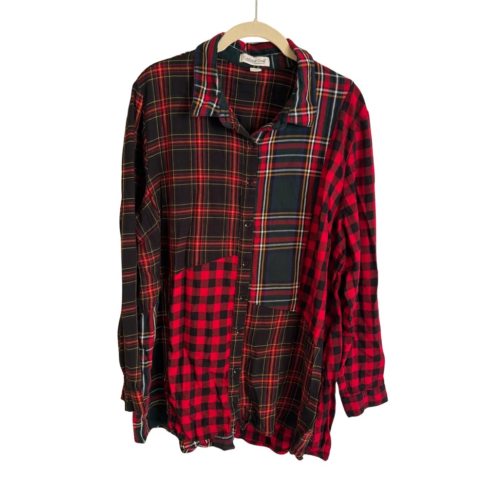 Coldwater Creek Mixed Plaid Patchwork Button Down Shirt Red Black XL Tunic